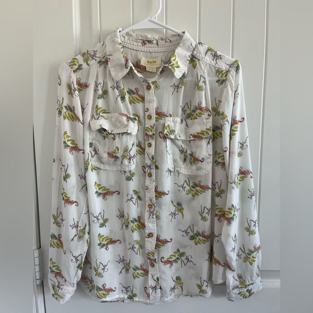Maeve for Anthropologie White Shirt with Colorful Tiger Print